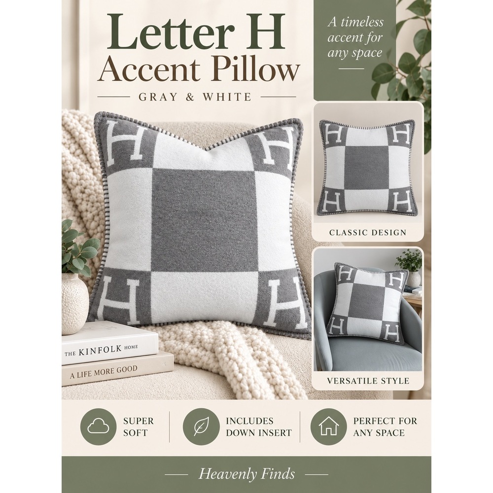 Letter H Soft & Comfortable Accent Pillow Gray White Quiet Luxury Down Insert